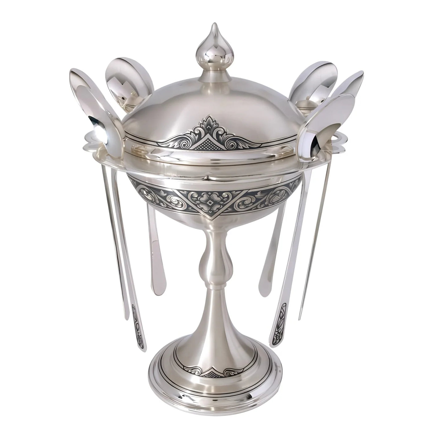 Tee-Geschenkservice 925 Silber Niello Akanthia 7-teilig — Zuckerdose mit Deckel und 6 eingehängte Teelöffel