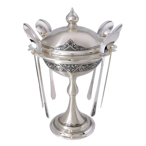 Tee-Geschenkservice 925 Silber Niello Akanthia 7-teilig — Zuckerdose mit Deckel und 6 eingehängte Teelöffel