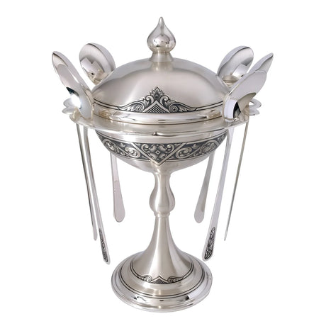 Tee-Geschenkservice 925 Silber Niello Akanthia 7-teilig — Zuckerdose mit Deckel und 6 eingehängte Teelöffel
