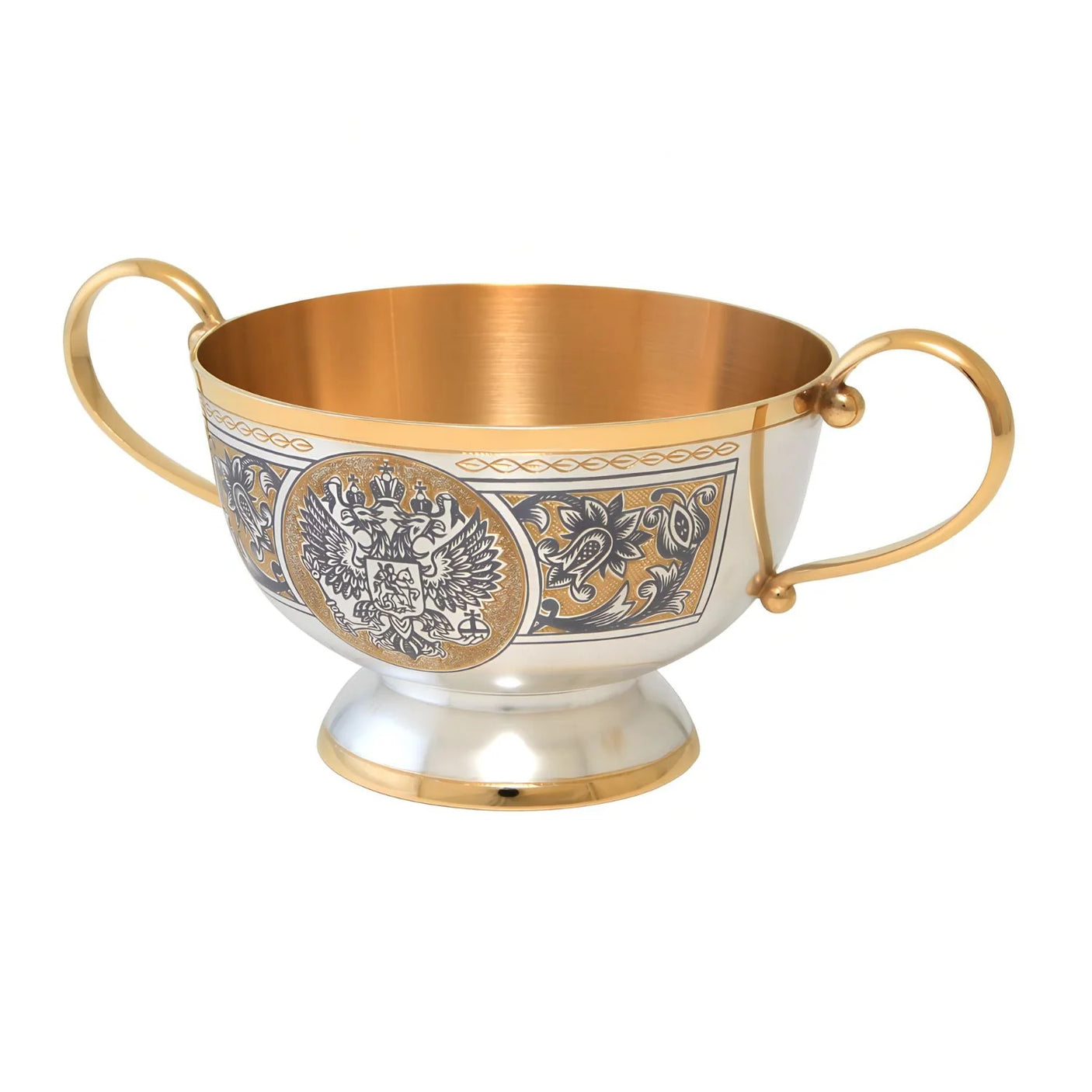 Zuckerdose 925 Silber vergoldet Souverän — Schale mit zwei Goldhenkeln, Doppeladler-Wappen und Niello-Ranken, 200 ml