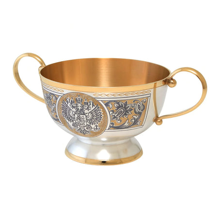 Zuckerdose 925 Silber vergoldet Souverän — Schale mit zwei Goldhenkeln, Doppeladler-Wappen und Niello-Ranken, 200 ml
