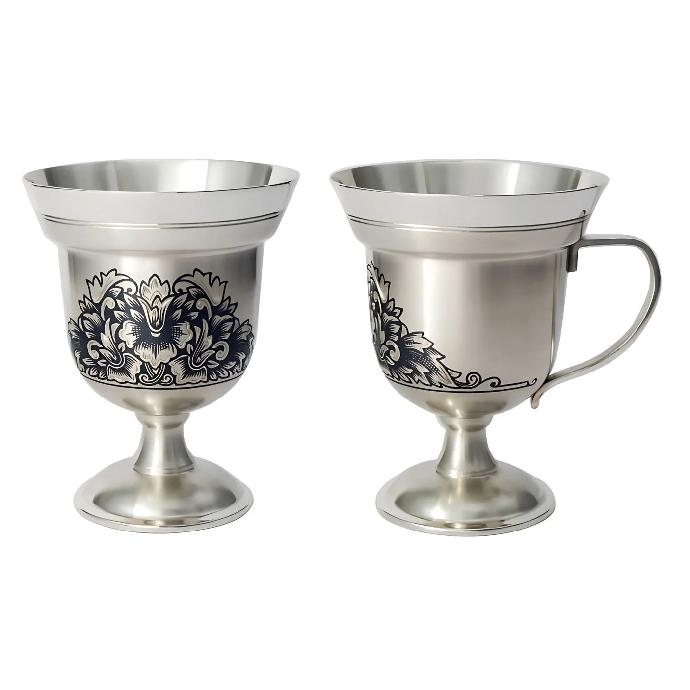 Silber Mokka-Tasse 925 Niello Peonia — Pokal-Form mit S-Henkel und Pfingstrosen-Motiv, SevChern, für Espresso-Liebhaber