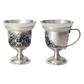 Silber Mokka-Tasse 925 Niello Peonia — Pokal-Form mit S-Henkel und Pfingstrosen-Motiv, SevChern, für Espresso-Liebhaber